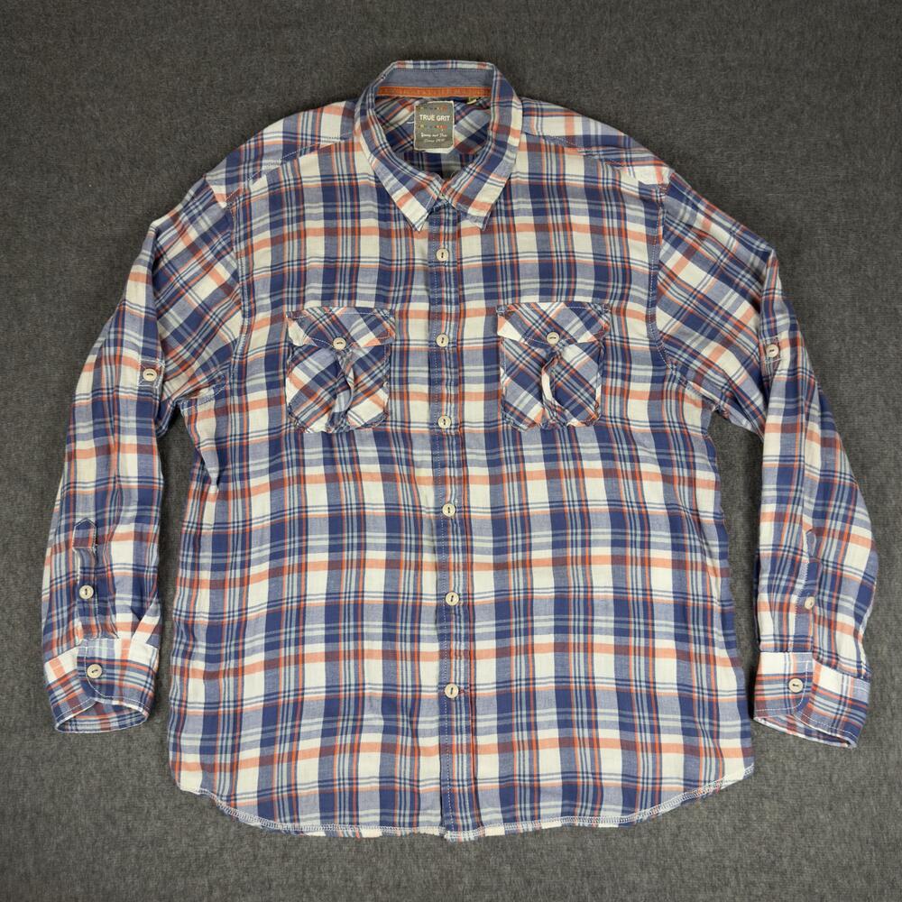 True Grit Shirt Mens 2XL Blue Plaid Flannel Long Sleeve Button Up Cotton Casual